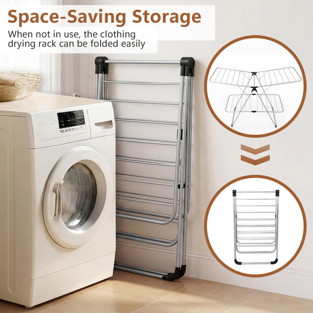Foldable 2-Tier Clothes Drying Rack Heavy-Duty Aluminum Stainless Steel Laundry Airer