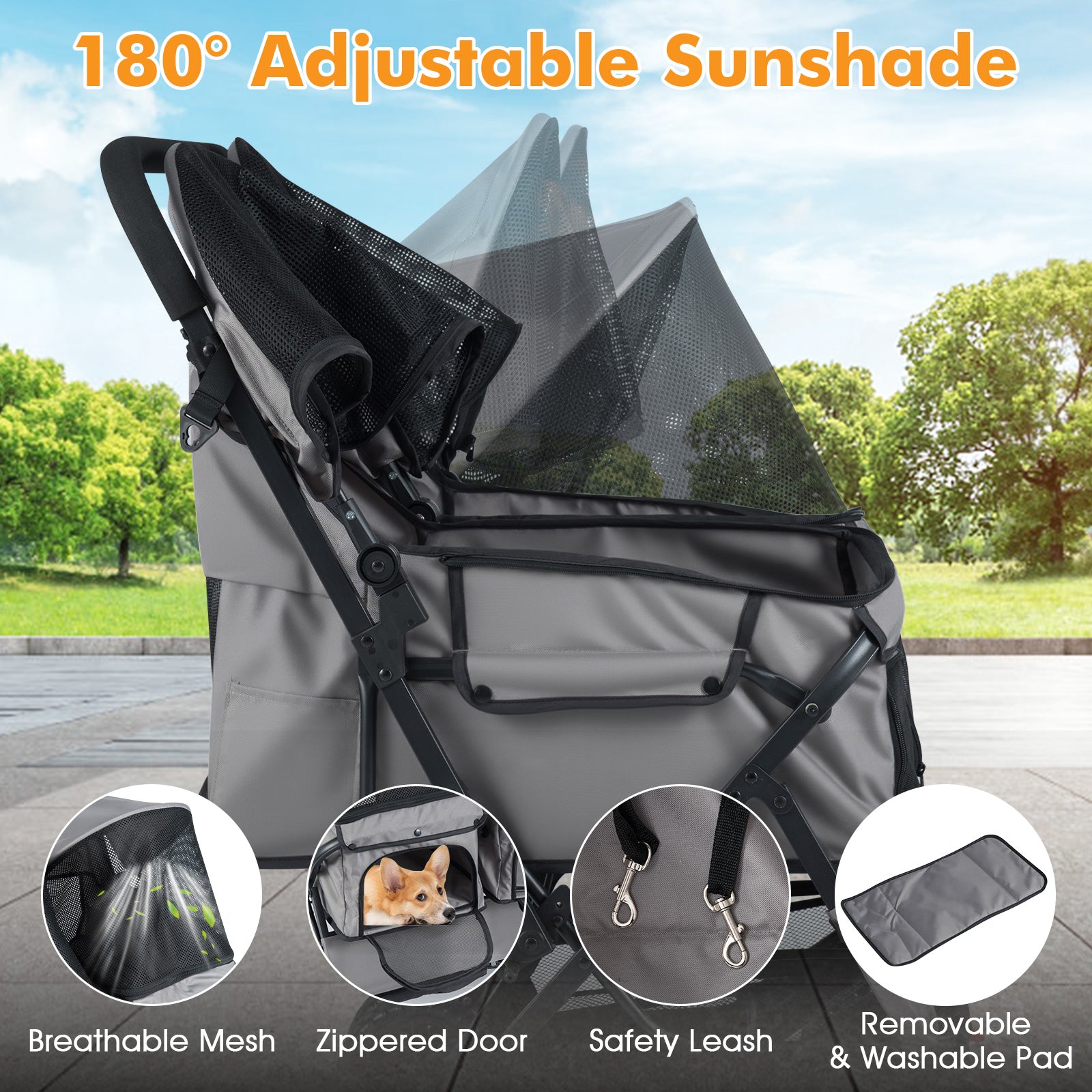 Foldable Double Pet Stroller with Adjustable Sunshade and Storage Basket-Gray
