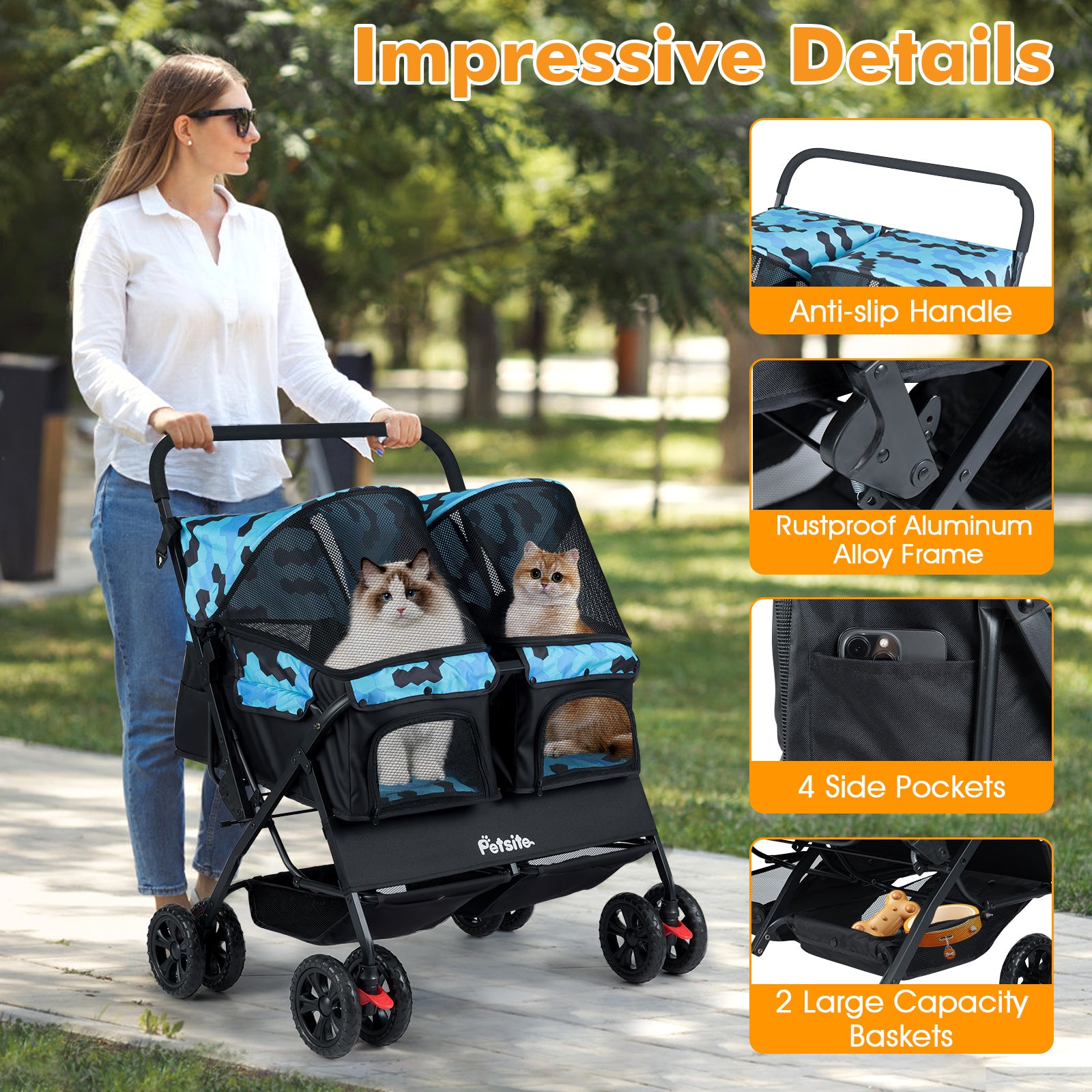 Foldable Double Pet Stroller with Adjustable Sunshade and Storage Basket-Navy