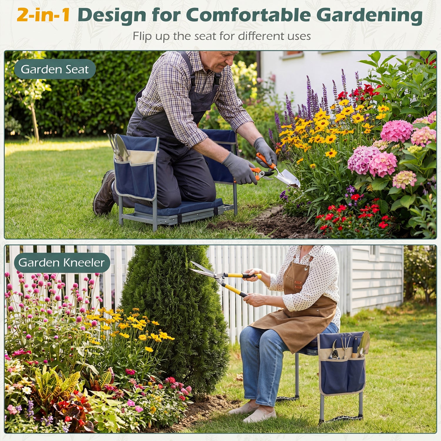 Genouillère et siège de jardin pliable pour jardiniers seniors – Bleu marine