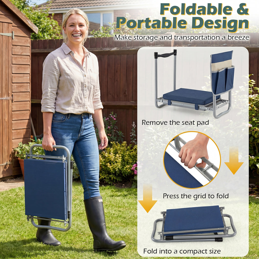 Genouillère et siège de jardin pliable pour jardiniers seniors – Bleu marine