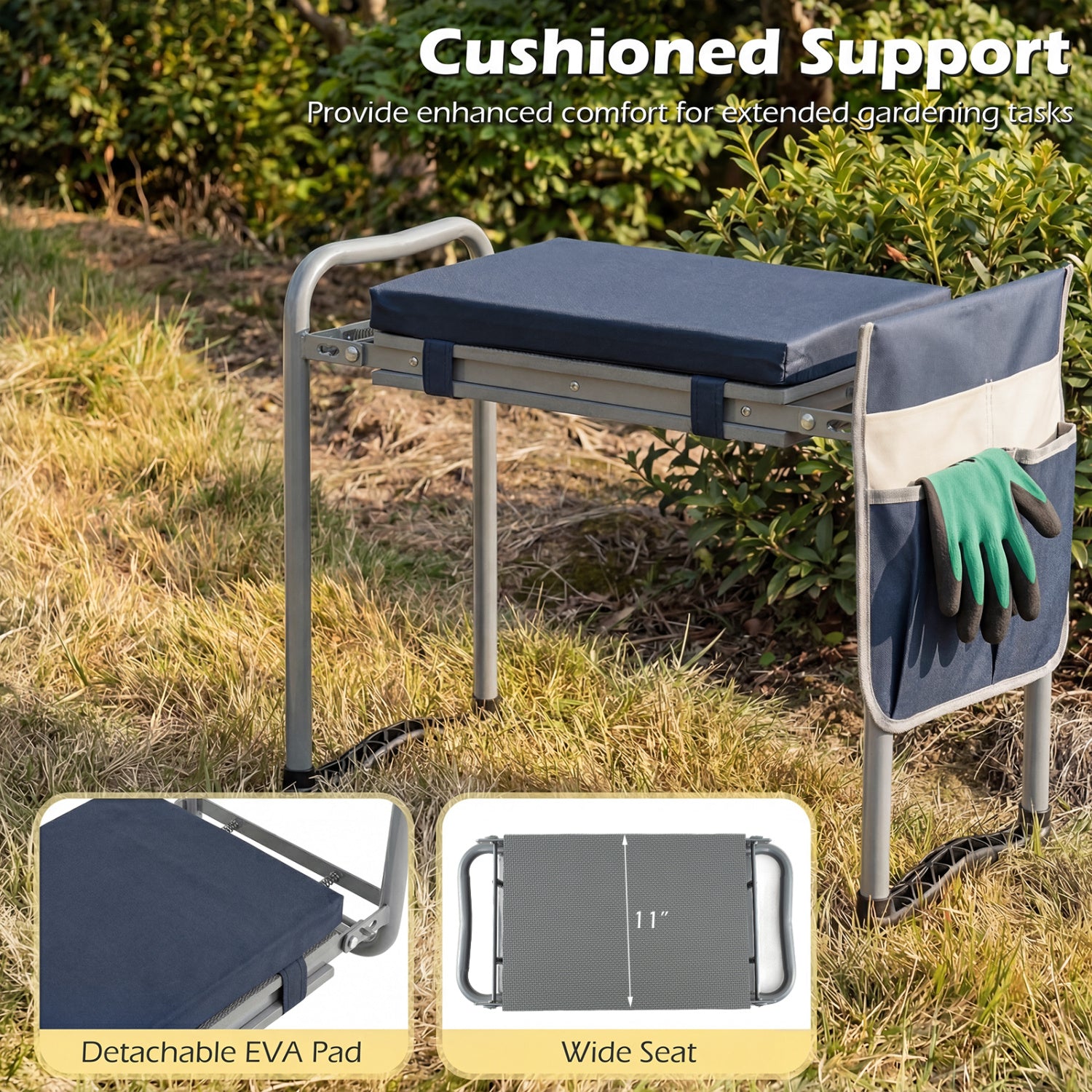Genouillère et siège de jardin pliable pour jardiniers seniors – Bleu marine