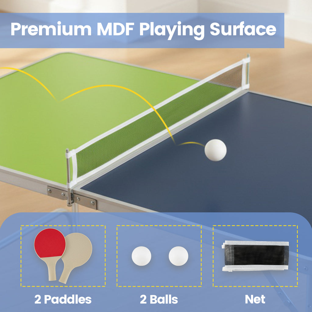 Foldable Ping Pong Table Game Set Mini Table Tennis Table with Adjustable Height-Blue & Green