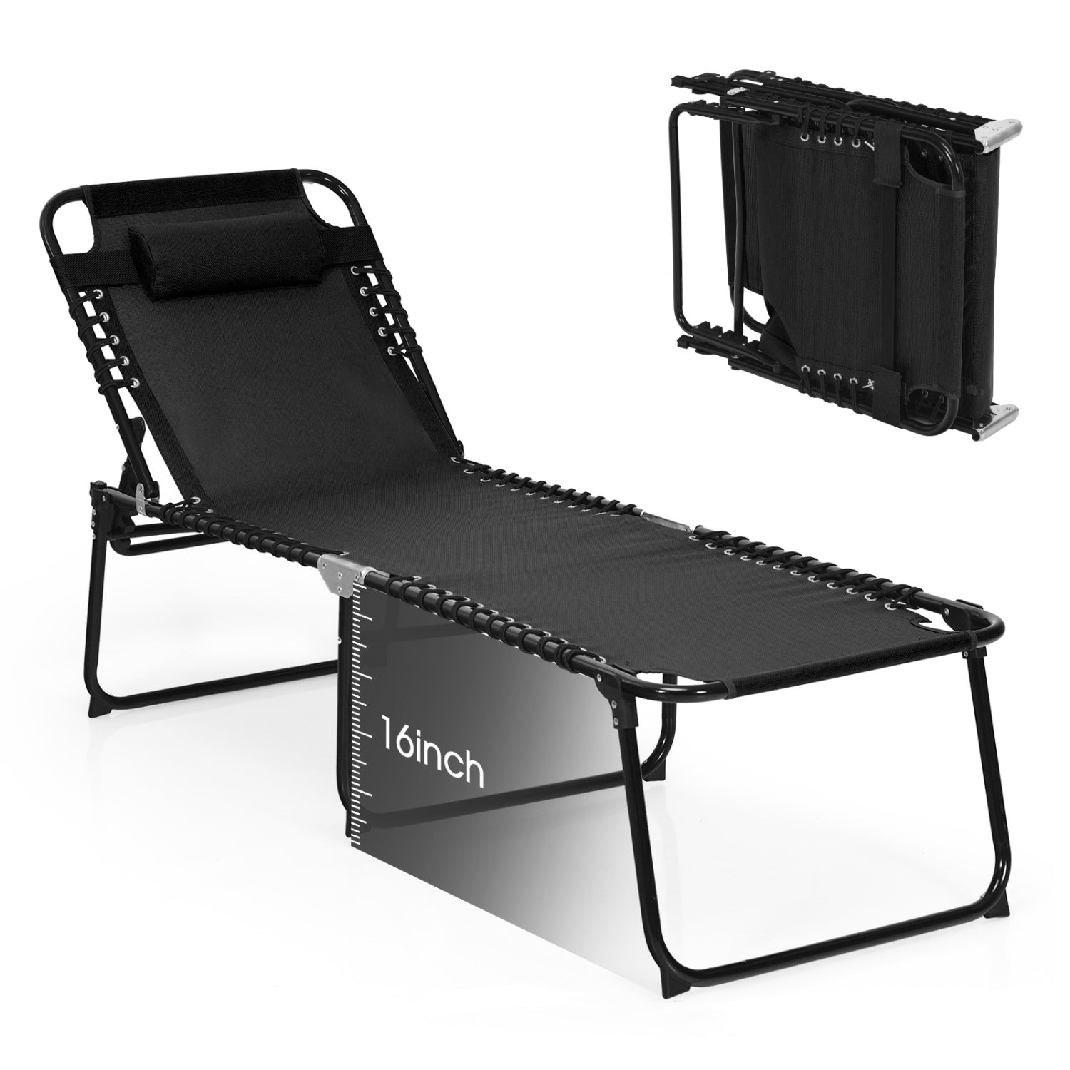 Chaise longue inclinable pliable avec dossier et repose-pieds réglables - Noir