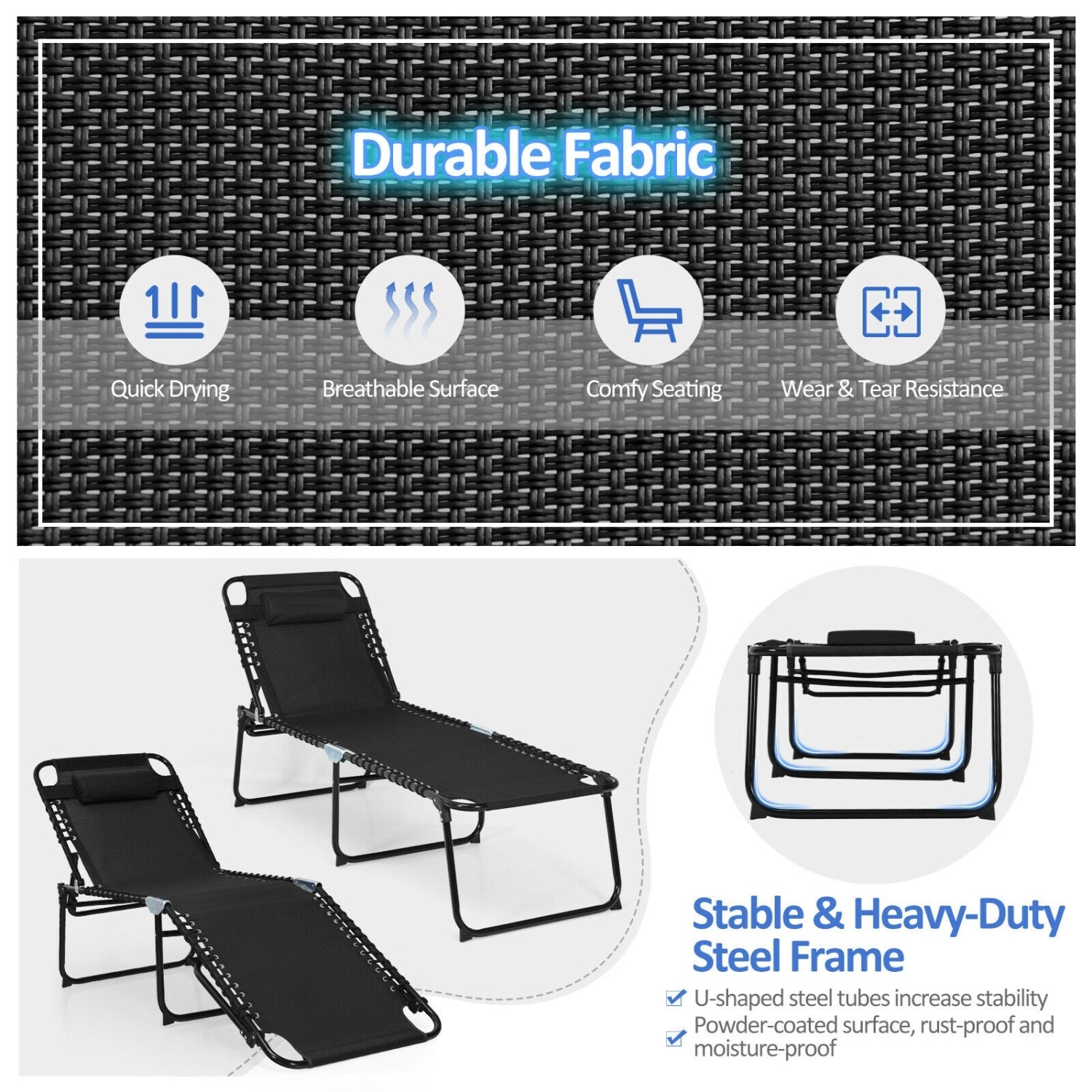 Chaise longue inclinable pliable avec dossier et repose-pieds réglables - Noir
