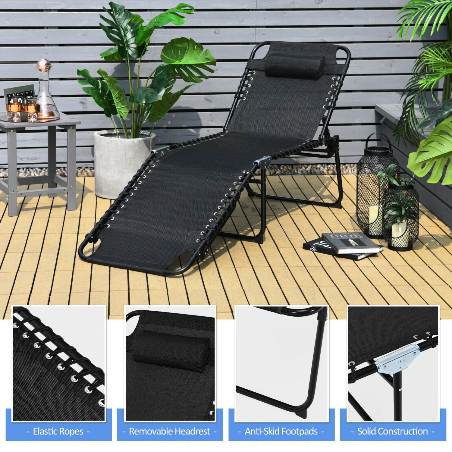 Chaise longue inclinable pliable avec dossier et repose-pieds réglables - Noir