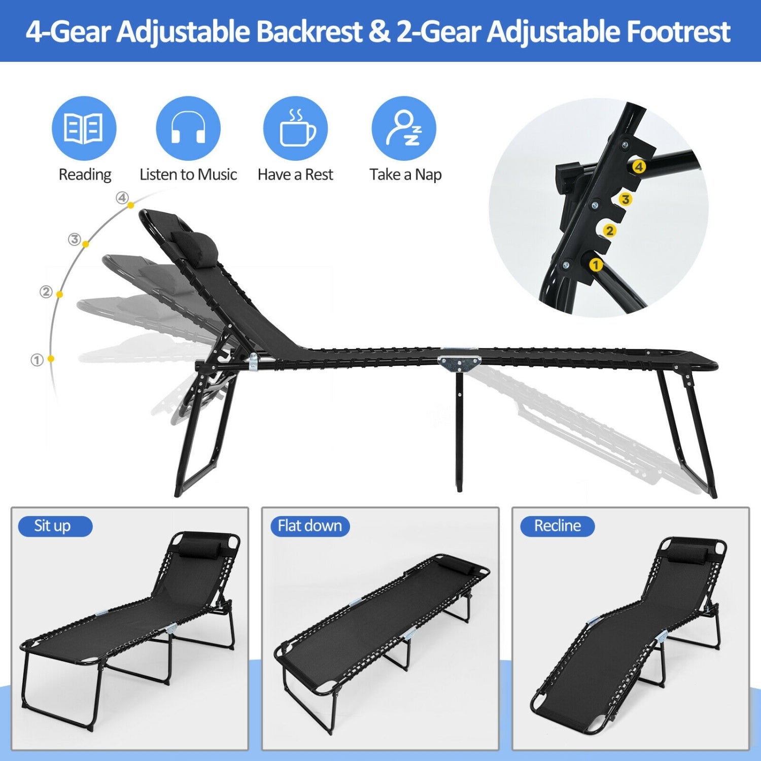 Chaise longue inclinable pliable avec dossier et repose-pieds réglables - Noir