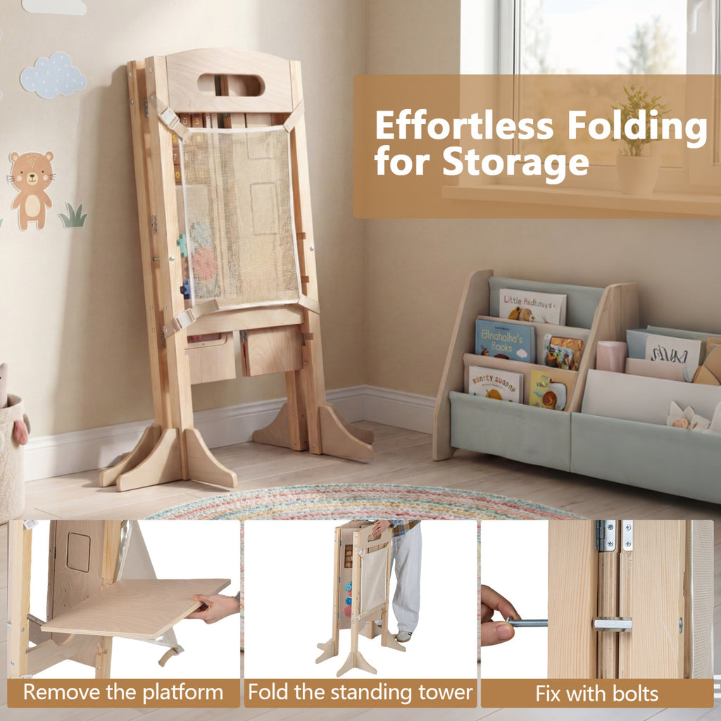 Foldable Toddler Step Stool Wooden Kitchen Standing Tower with 2-Step Stool