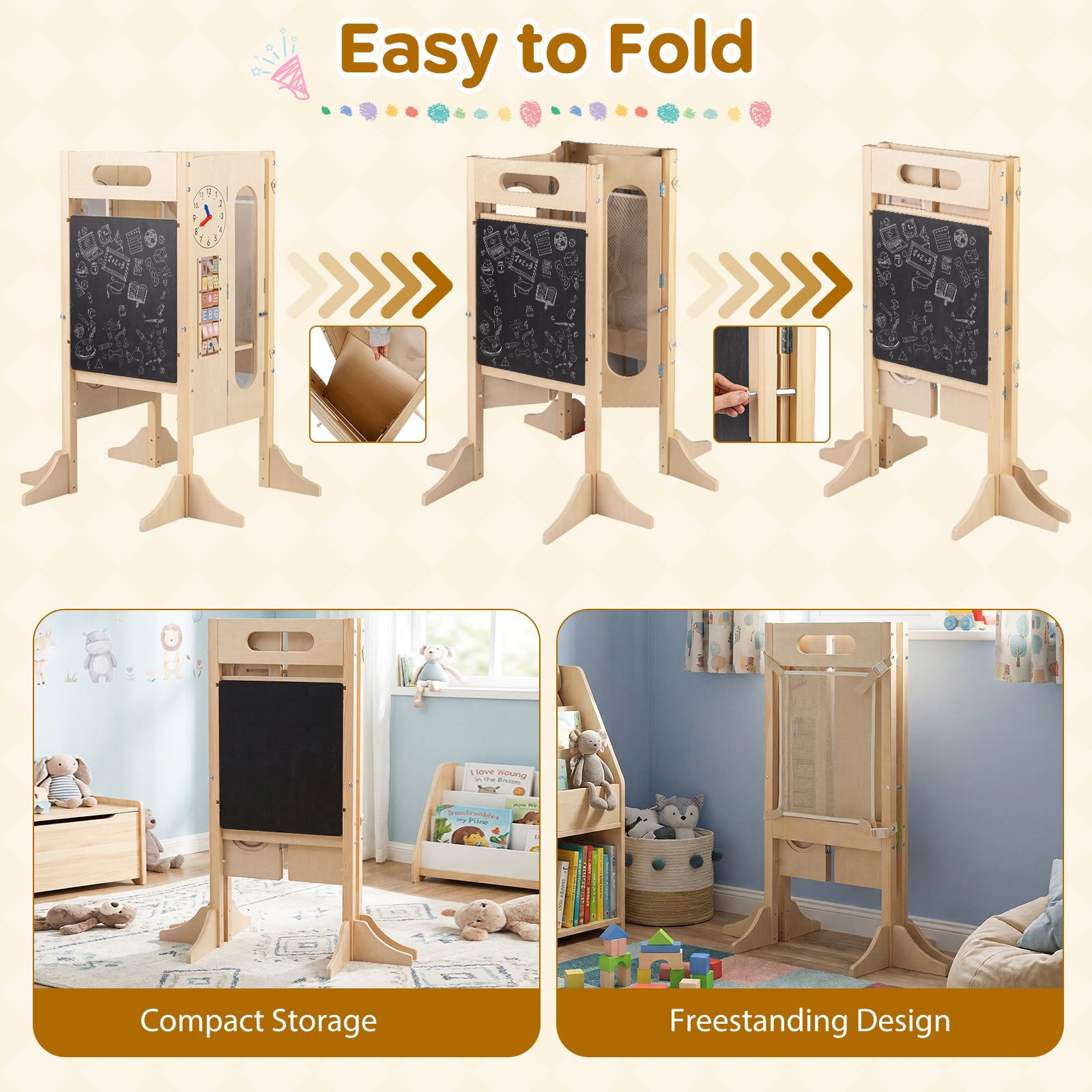 Foldable Toddler Tower with 2-Step Stool and Safety Net for 3+ Years Old