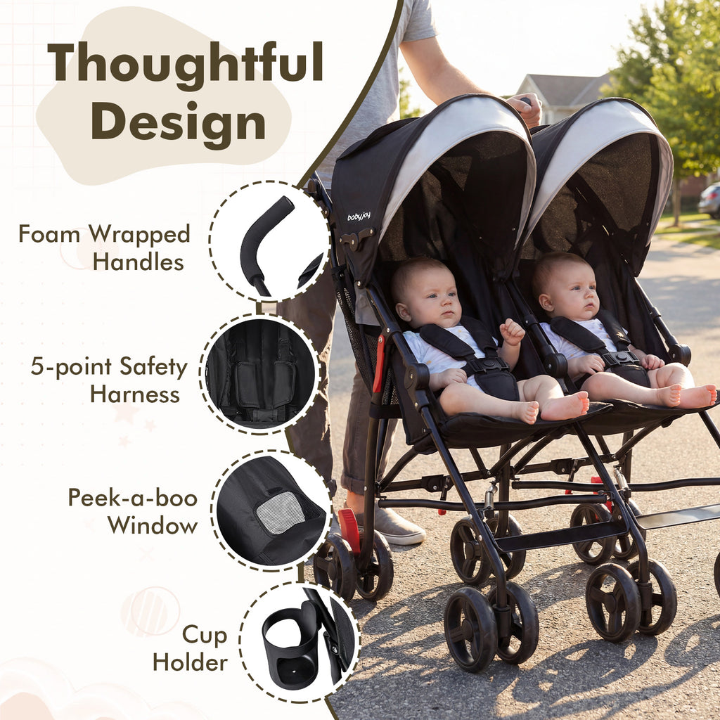 Foldable Twin Baby Double Stroller Ultralight Umbrella Kids Stroller-Black