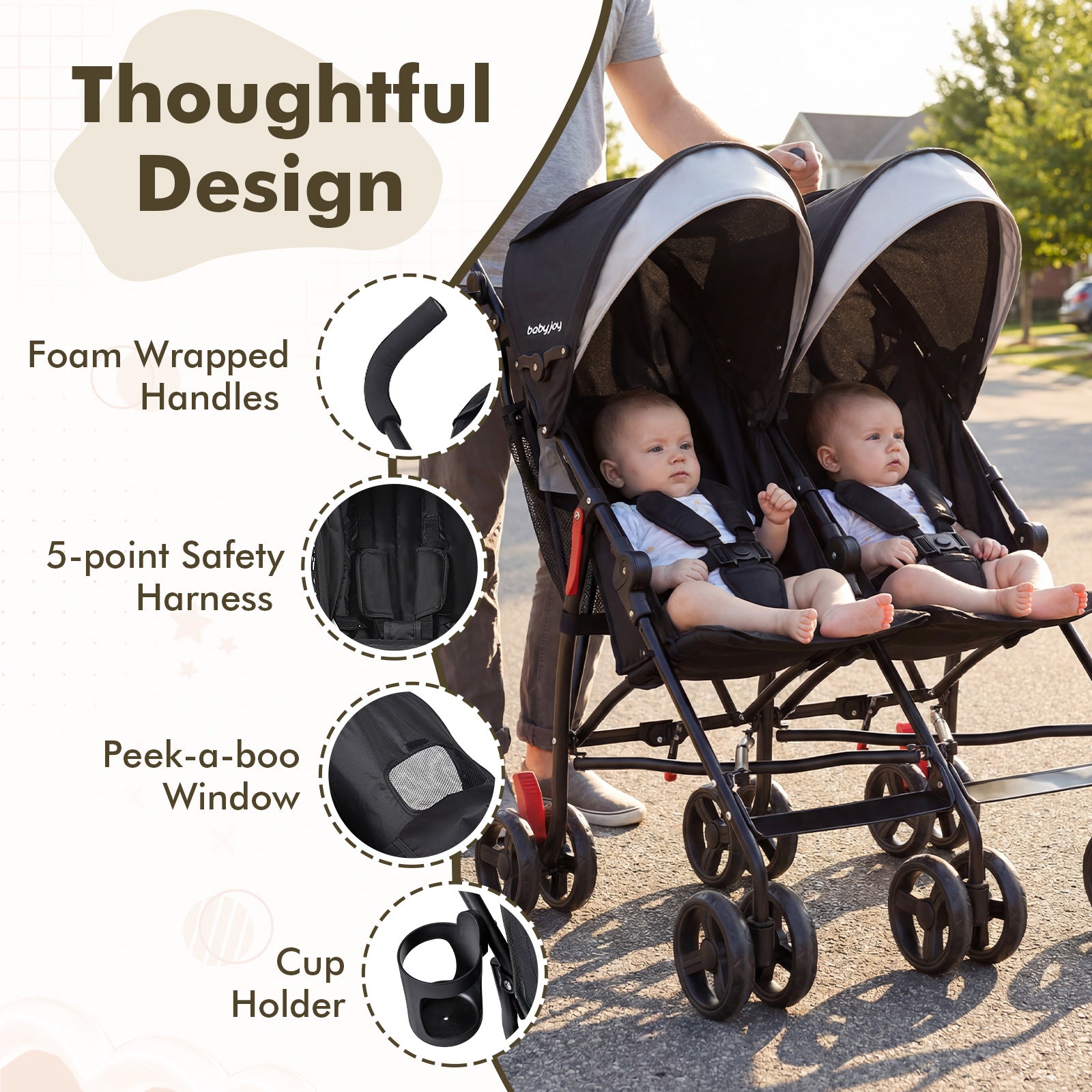 Foldable Twin Baby Double Stroller Ultralight Umbrella Kids Stroller-Black