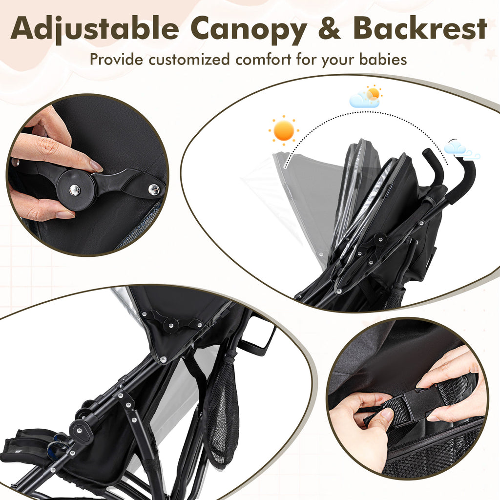 Foldable Twin Baby Double Stroller Ultralight Umbrella Kids Stroller-Black