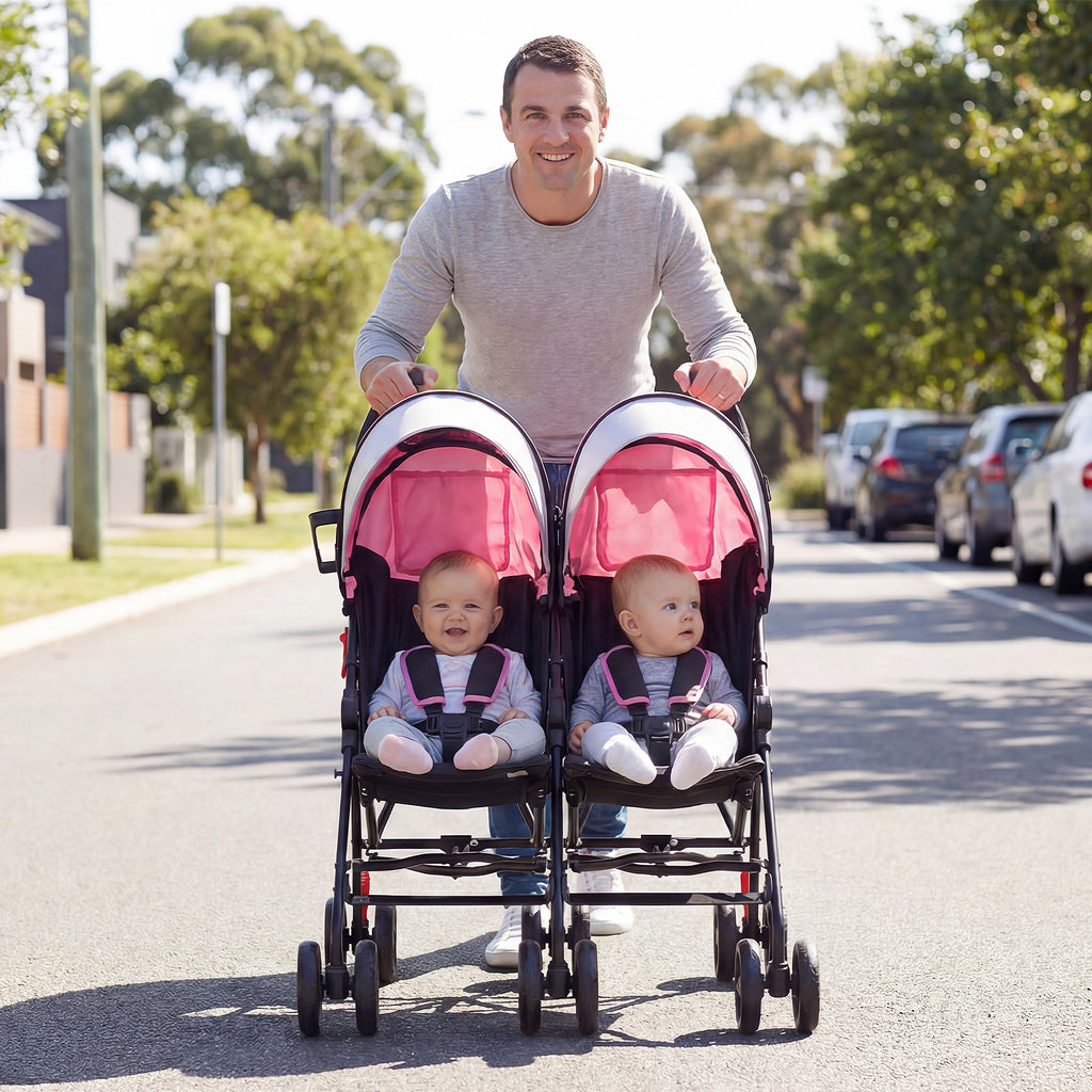 Foldable Twin Baby Double Stroller Ultralight Umbrella Kids Stroller-Pink