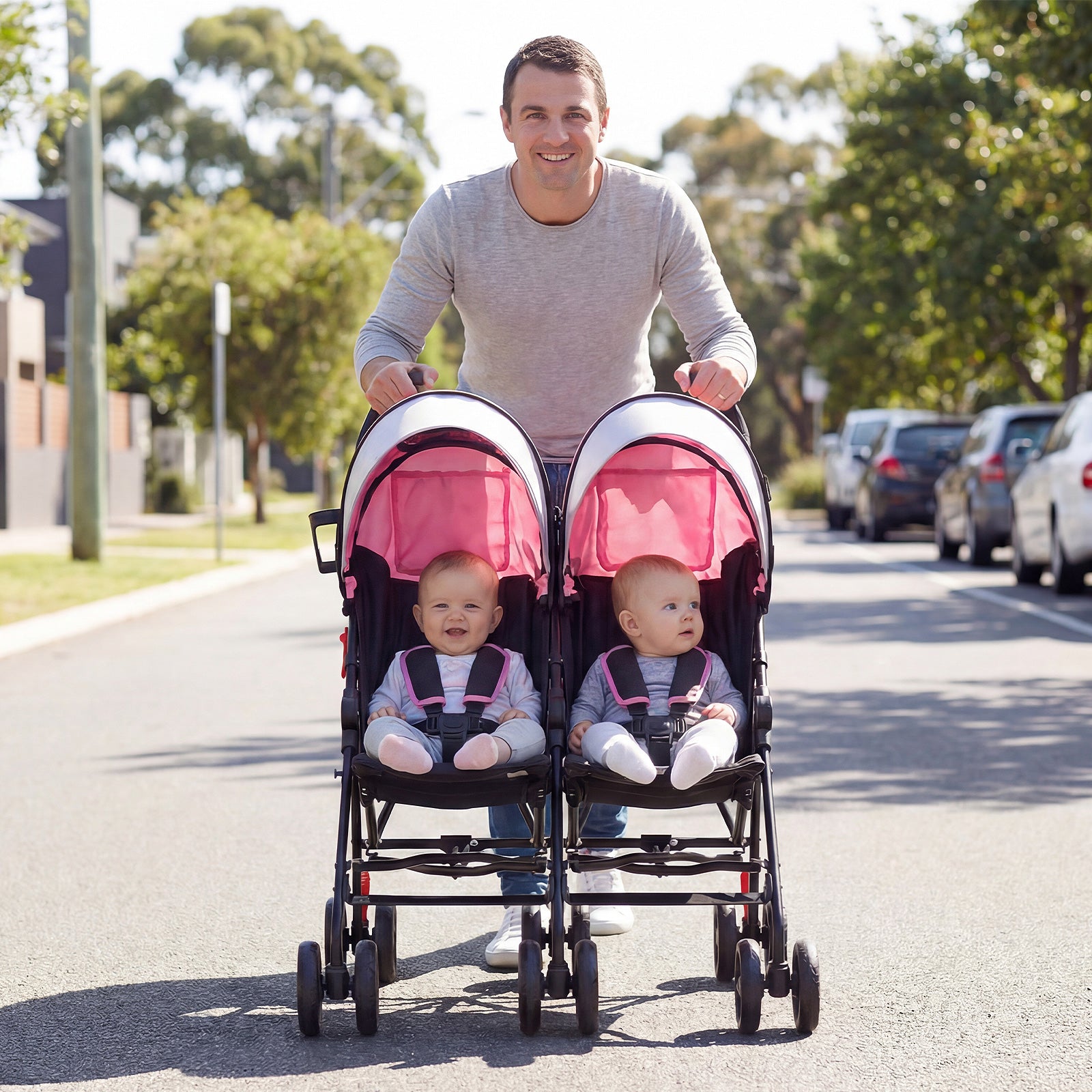 Foldable Twin Baby Double Stroller Ultralight Umbrella Kids Stroller-Pink