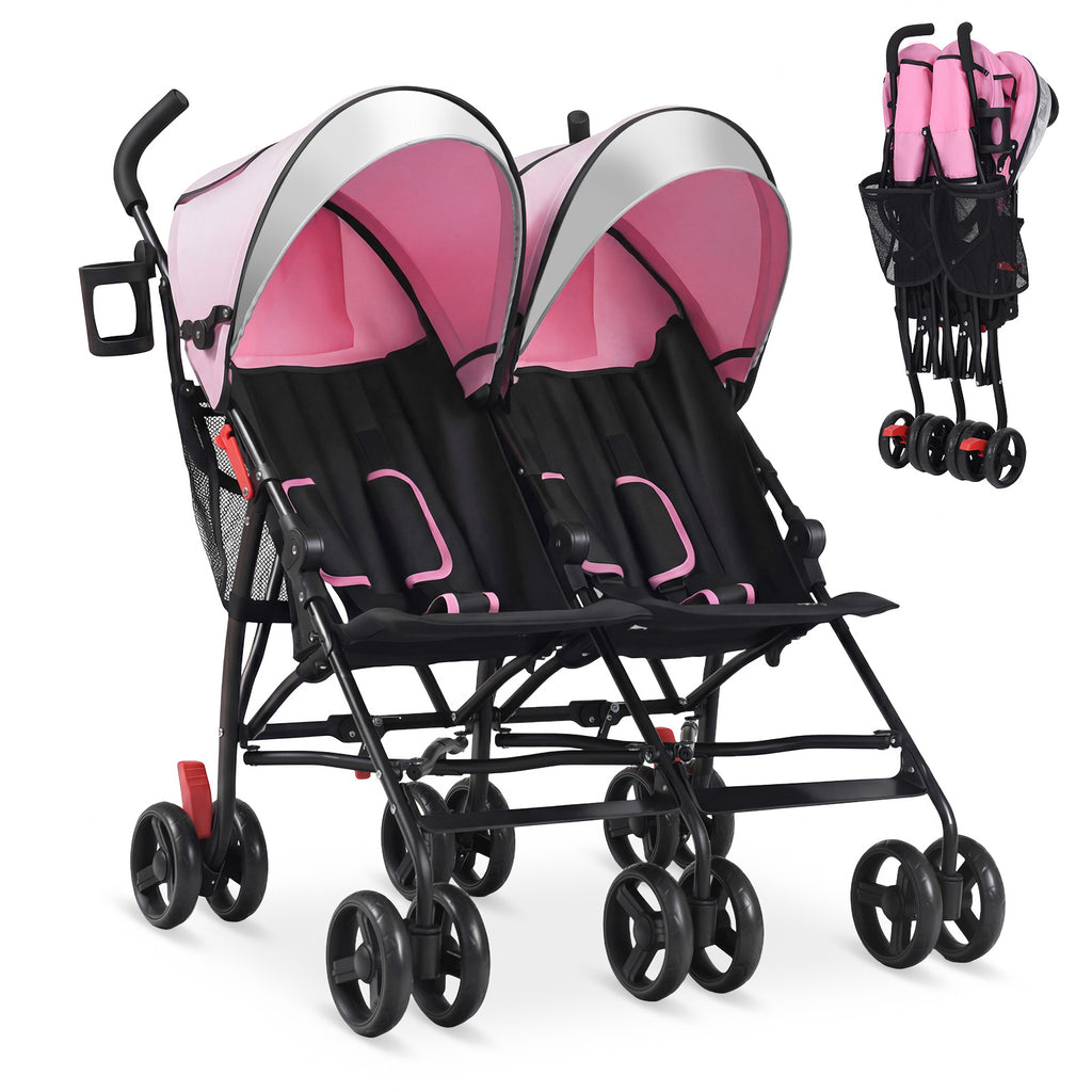Foldable Twin Baby Double Stroller Ultralight Umbrella Kids Stroller-Pink