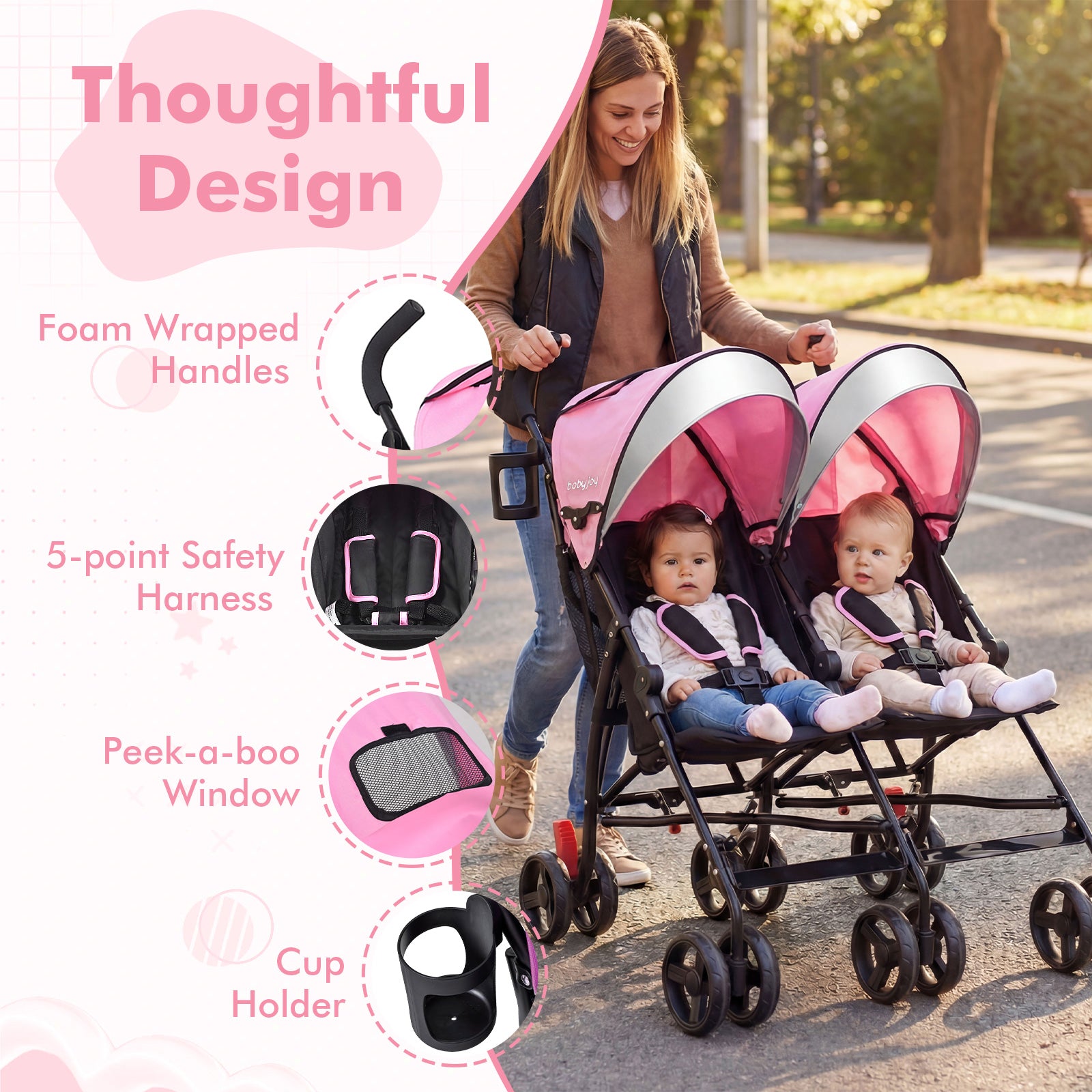 Foldable Twin Baby Double Stroller Ultralight Umbrella Kids Stroller-Pink
