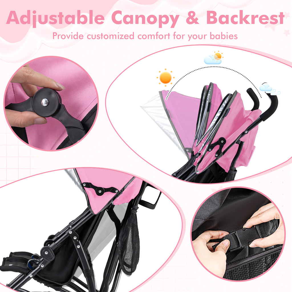 Foldable Twin Baby Double Stroller Ultralight Umbrella Kids Stroller-Pink