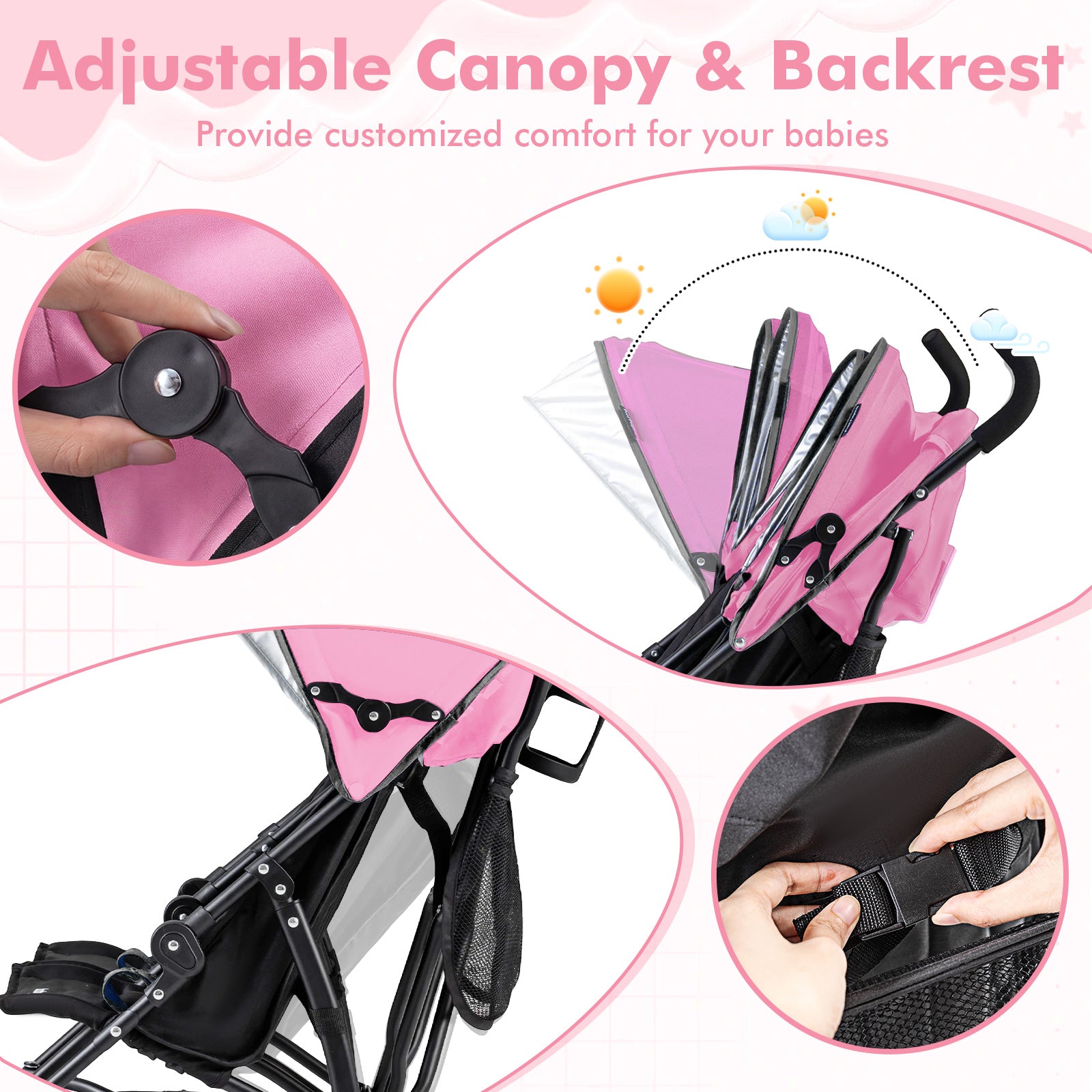 Foldable Twin Baby Double Stroller Ultralight Umbrella Kids Stroller-Pink