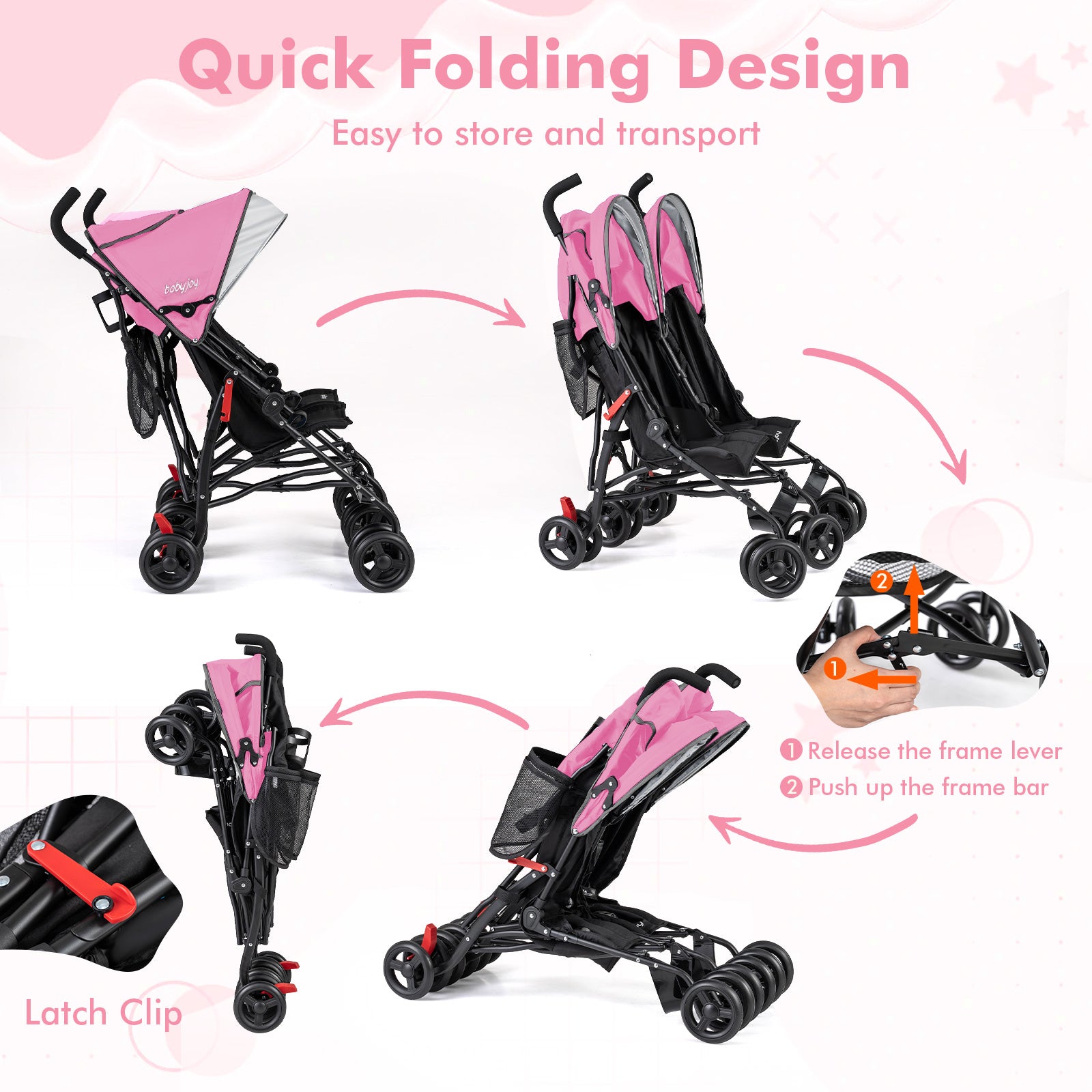 Foldable Twin Baby Double Stroller Ultralight Umbrella Kids Stroller-Pink