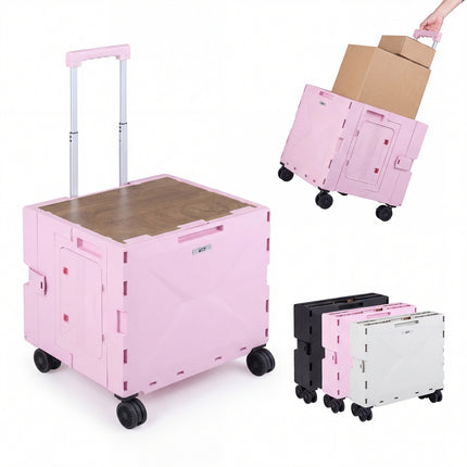 Foldable Utility Cart on 4 Rotate Wheels with Cup Holder-Pink