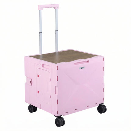 Foldable Utility Cart on 4 Rotate Wheels with Cup Holder-Pink