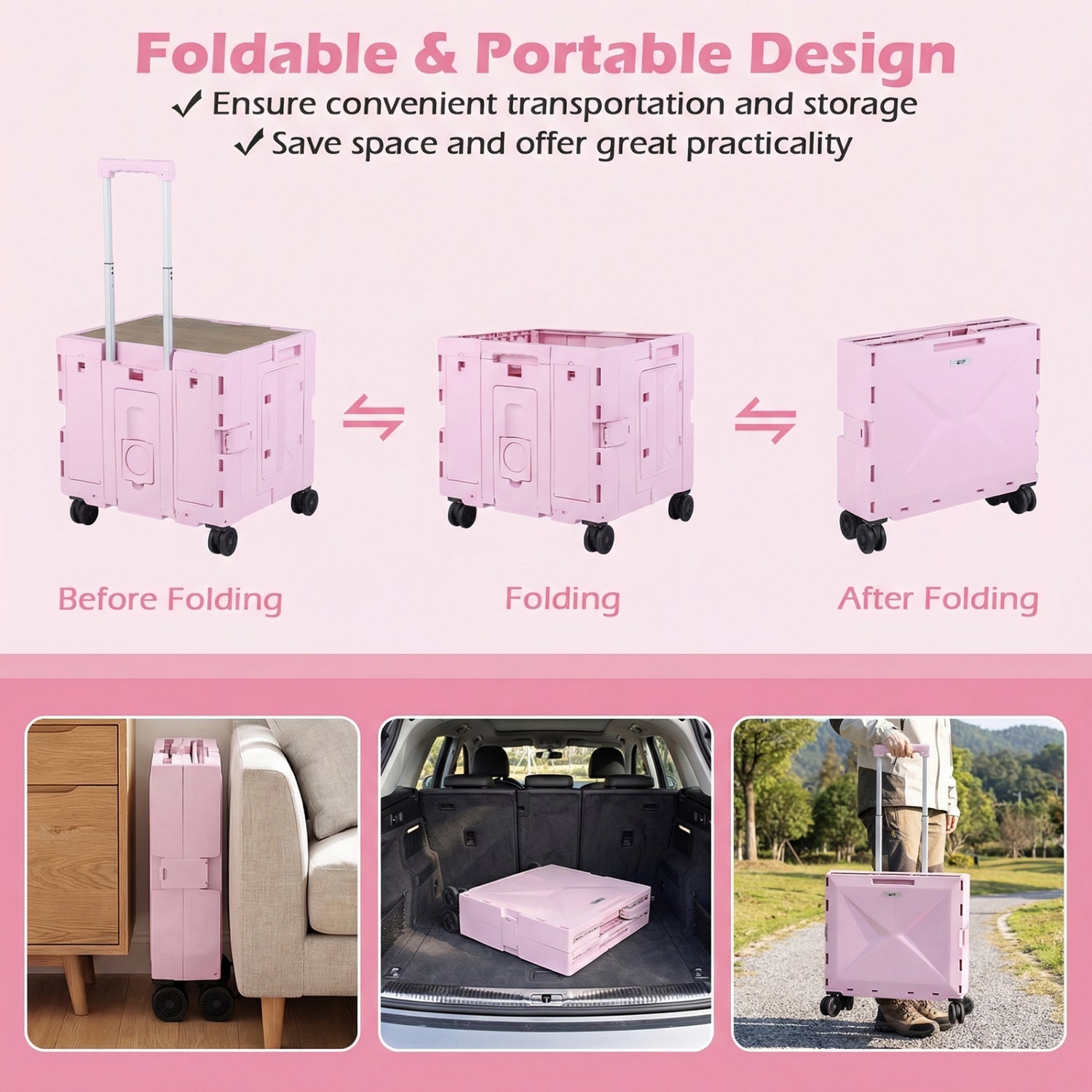 Chariot utilitaire pliable à 4 roues pivotantes avec porte-gobelet - Rose