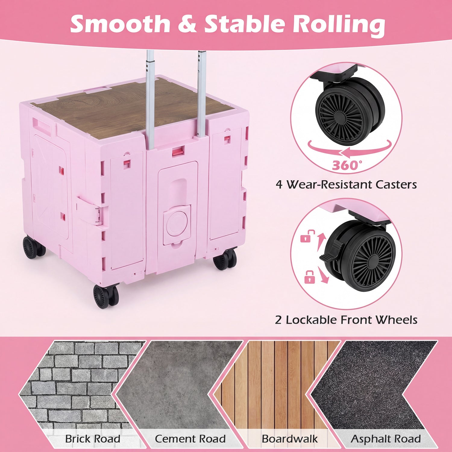 Chariot utilitaire pliable à 4 roues pivotantes avec porte-gobelet - Rose