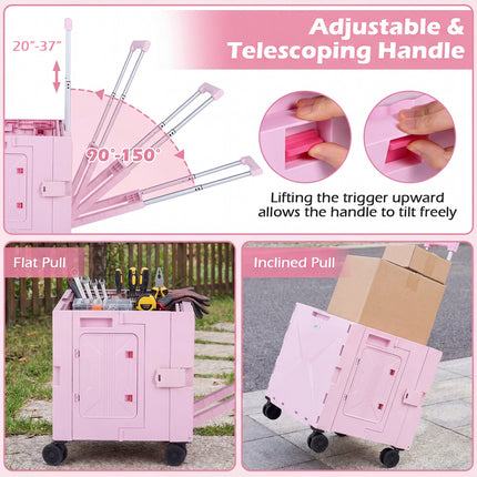 Foldable Utility Cart on 4 Rotate Wheels with Cup Holder-Pink
