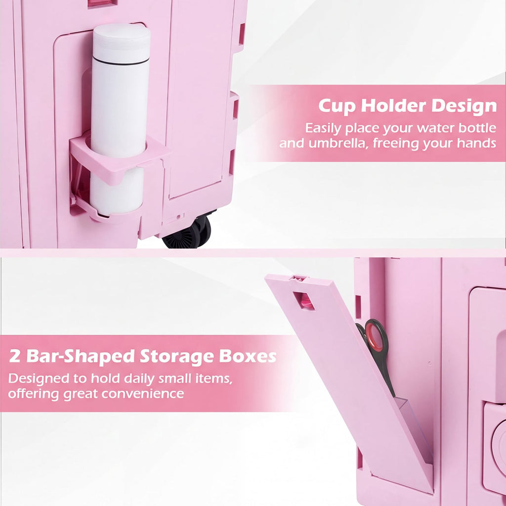 Chariot utilitaire pliable à 4 roues pivotantes avec porte-gobelet - Rose