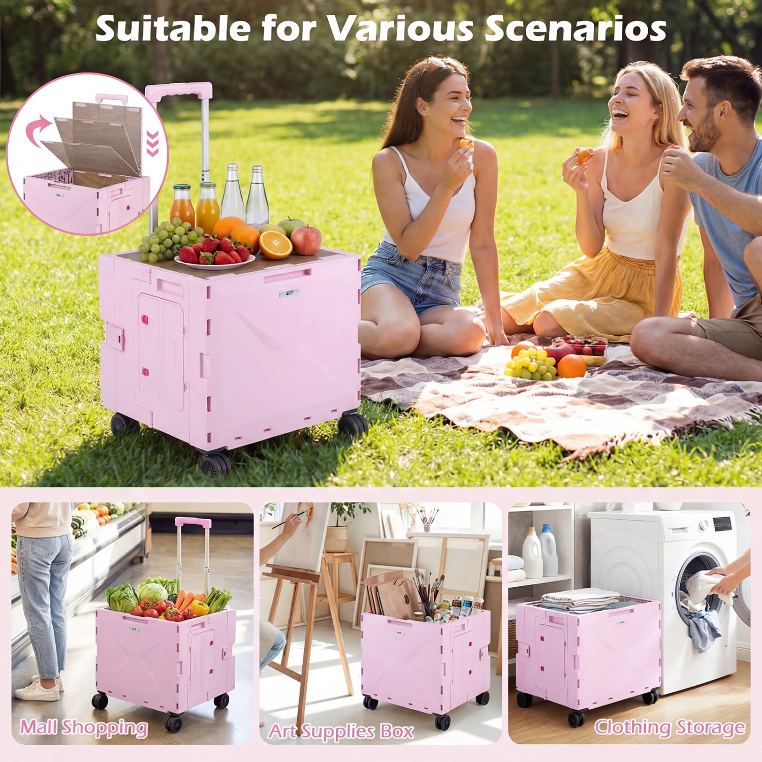 Chariot utilitaire pliable à 4 roues pivotantes avec porte-gobelet - Rose