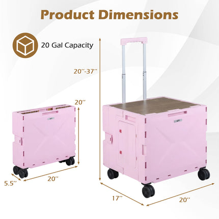 Foldable Utility Cart on 4 Rotate Wheels with Cup Holder-Pink