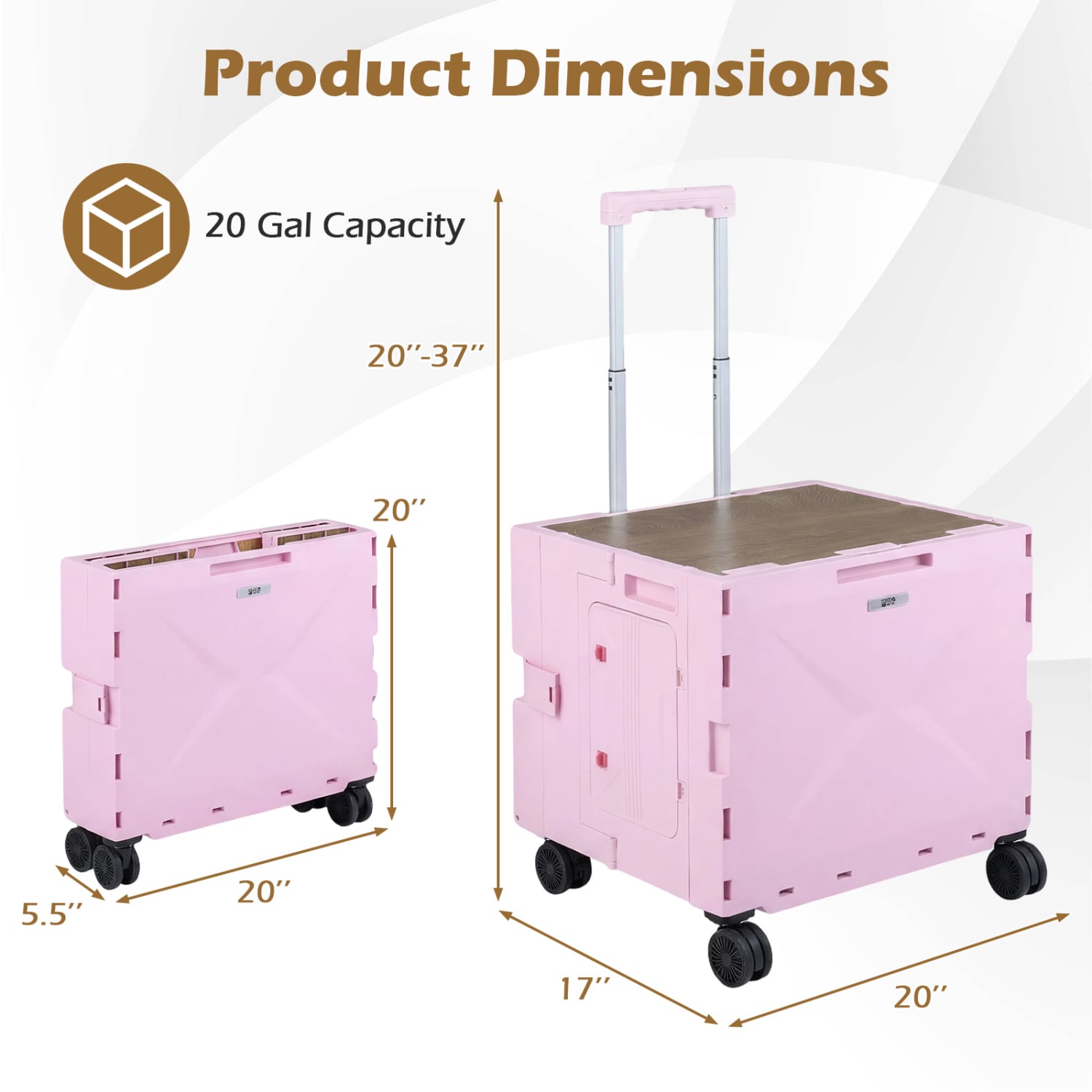 Chariot utilitaire pliable à 4 roues pivotantes avec porte-gobelet - Rose