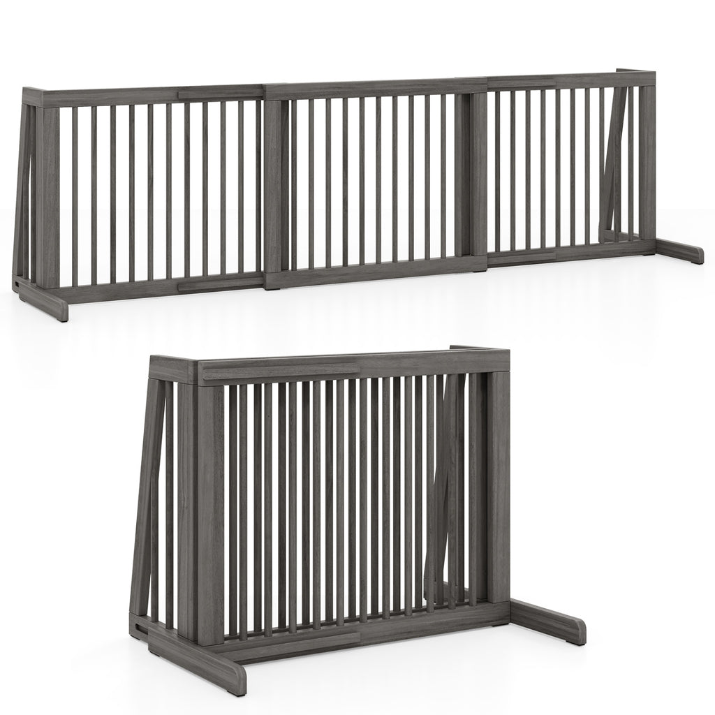 Folding Adjustable Free Standing 3 Panel Wood Fence for Dogs-Gray