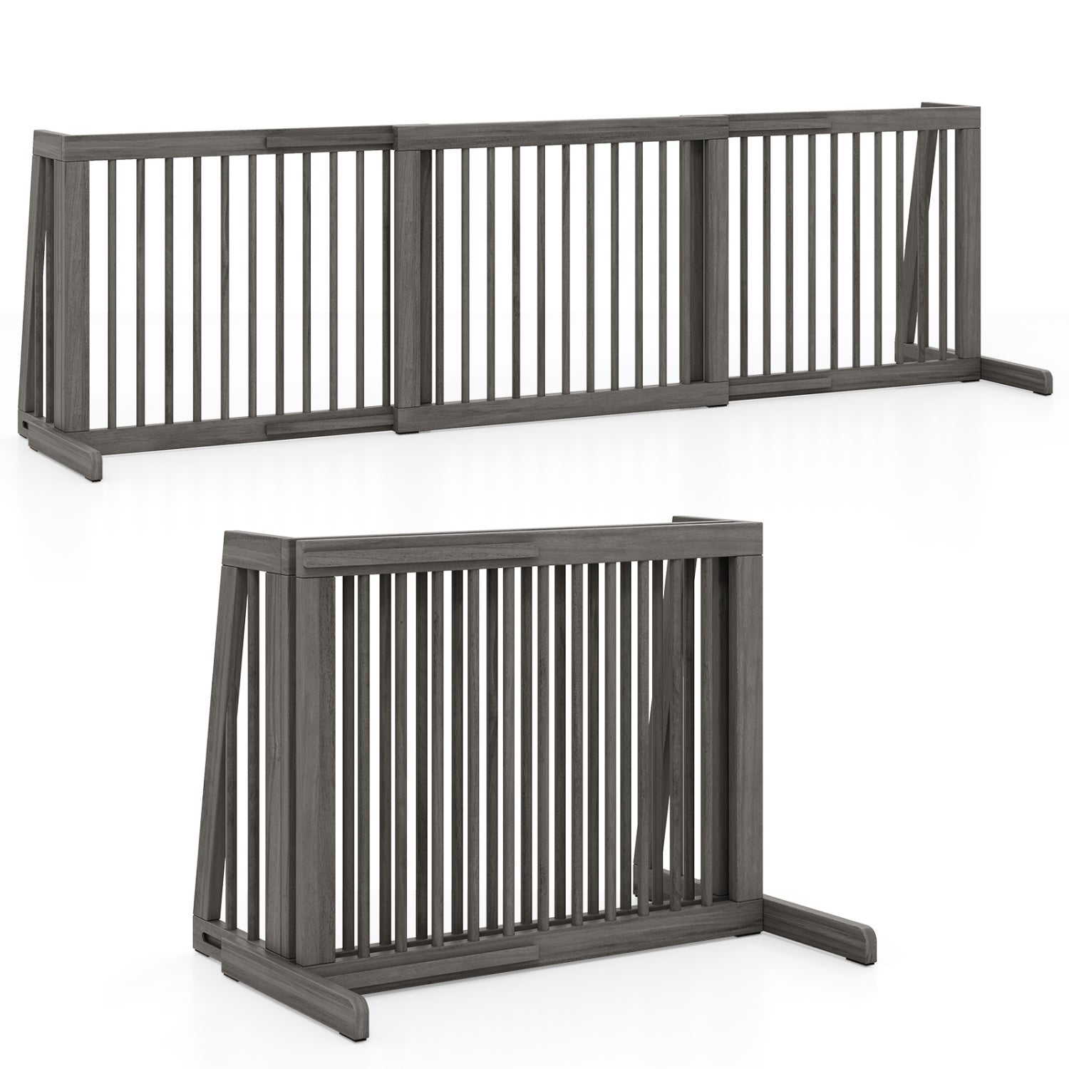 Folding Adjustable Free Standing 3 Panel Wood Fence for Dogs-Gray