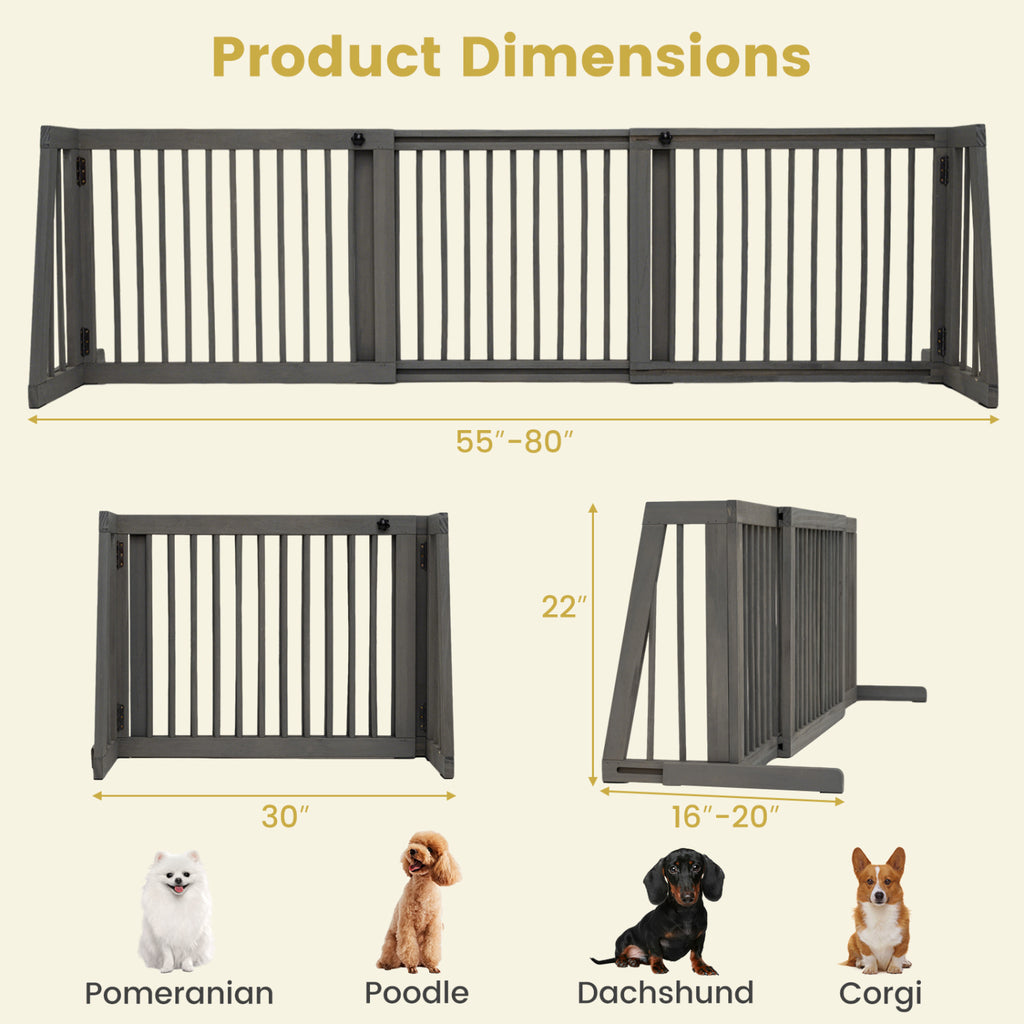 Folding Adjustable Free Standing 3 Panel Wood Fence for Dogs-Gray