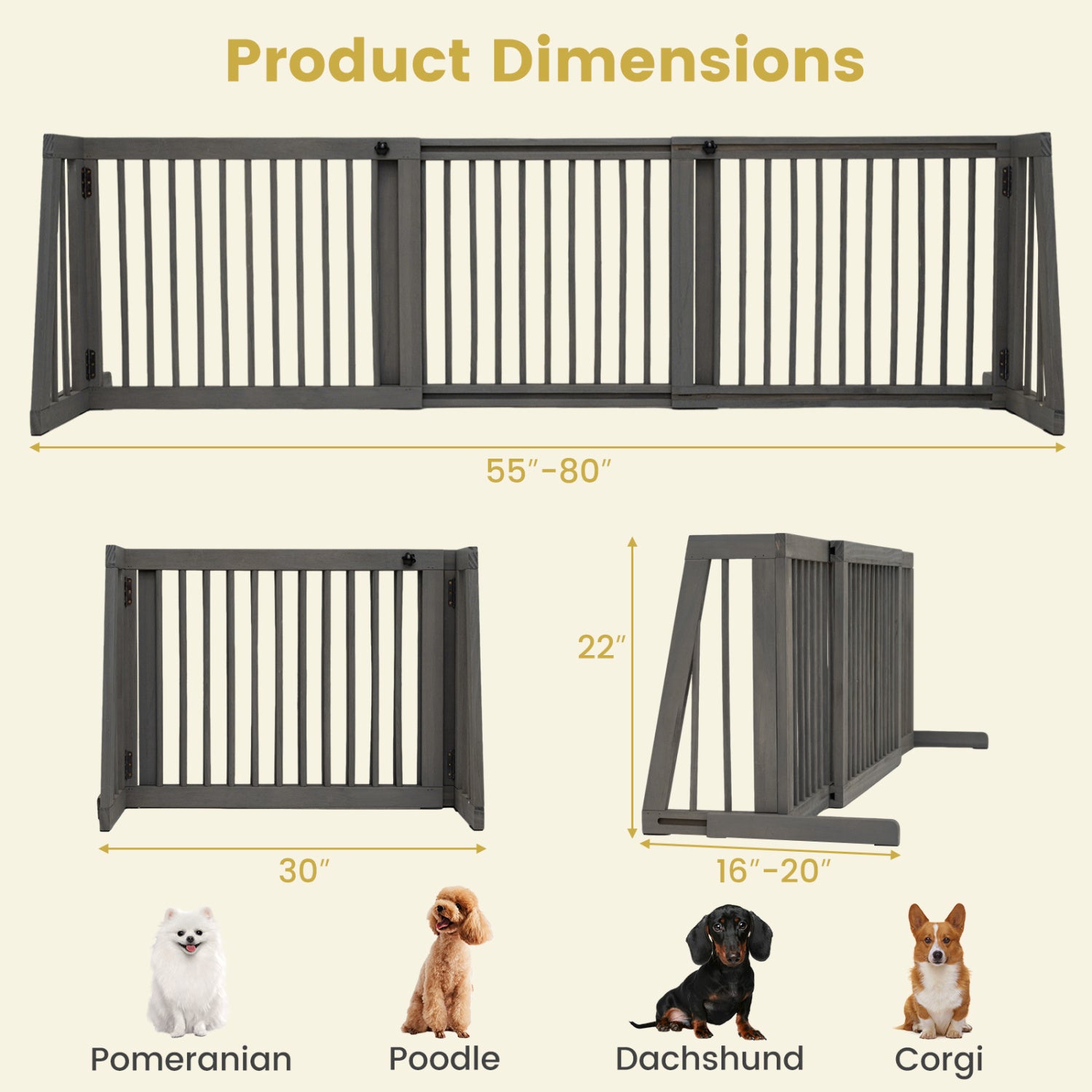 Folding Adjustable Free Standing 3 Panel Wood Fence for Dogs-Gray
