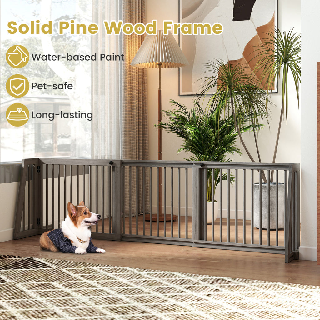 Folding Adjustable Free Standing 3 Panel Wood Fence for Dogs-Gray