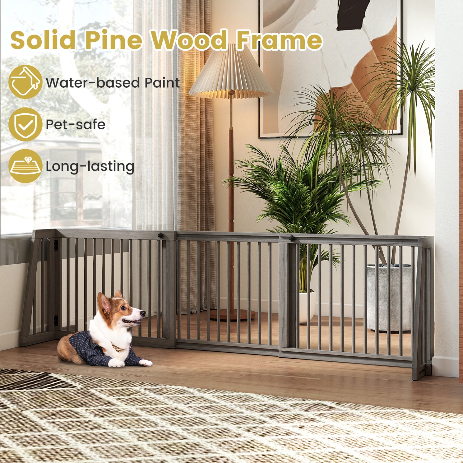 Folding Adjustable Free Standing 3 Panel Wood Fence for Dogs-Gray