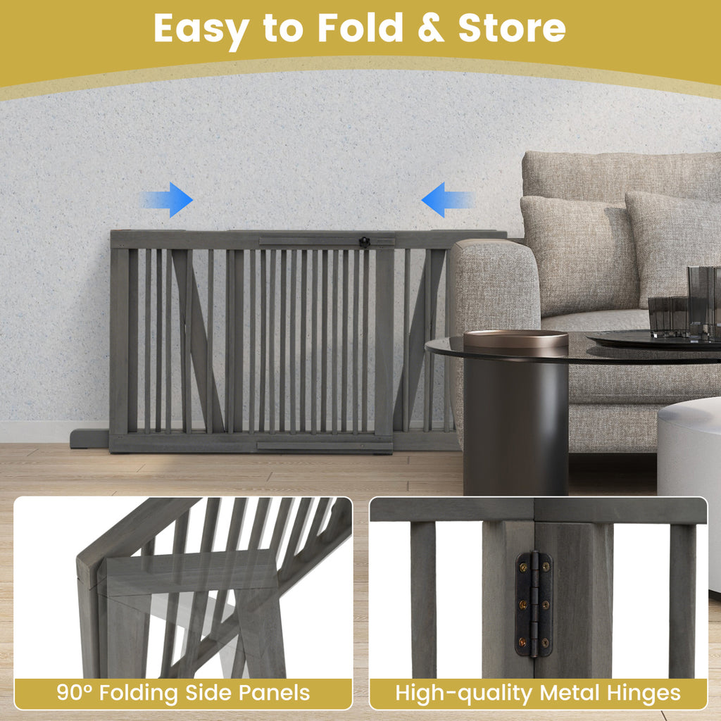 Folding Adjustable Free Standing 3 Panel Wood Fence for Dogs-Gray