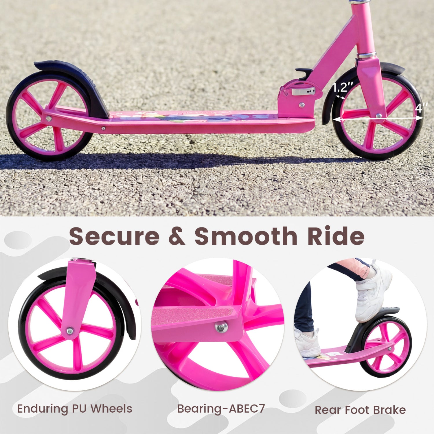 Folding Aluminum Alloy Scooter with 3 Adjustable Heights-Pink