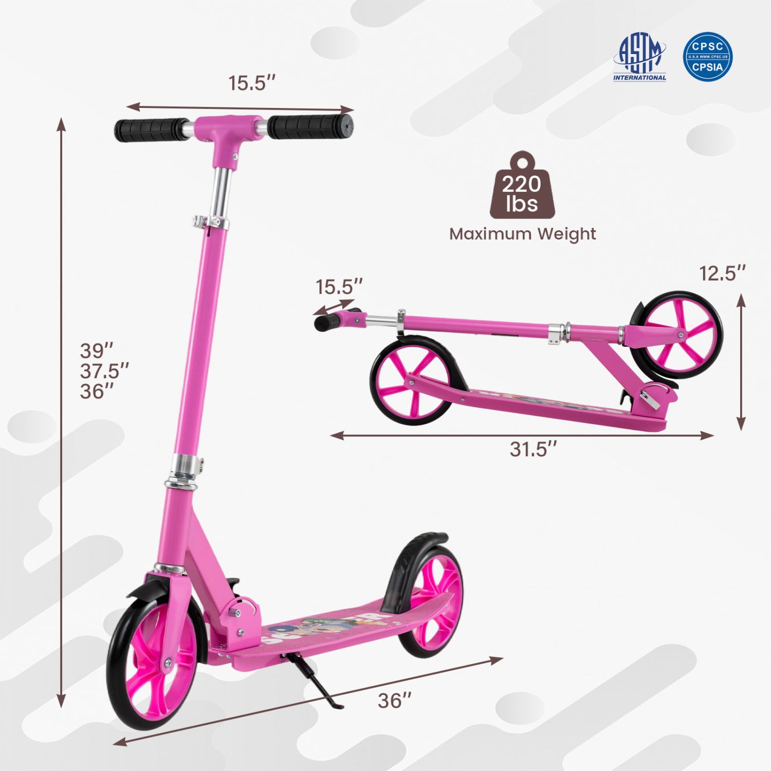 Folding Aluminum Alloy Scooter with 3 Adjustable Heights-Pink