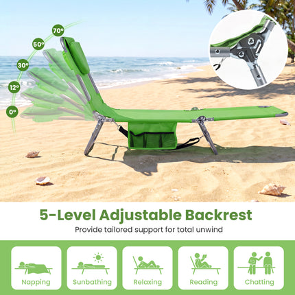 Folding Beach Lounge Chair with Adjustable Backrest for Lawn-Green