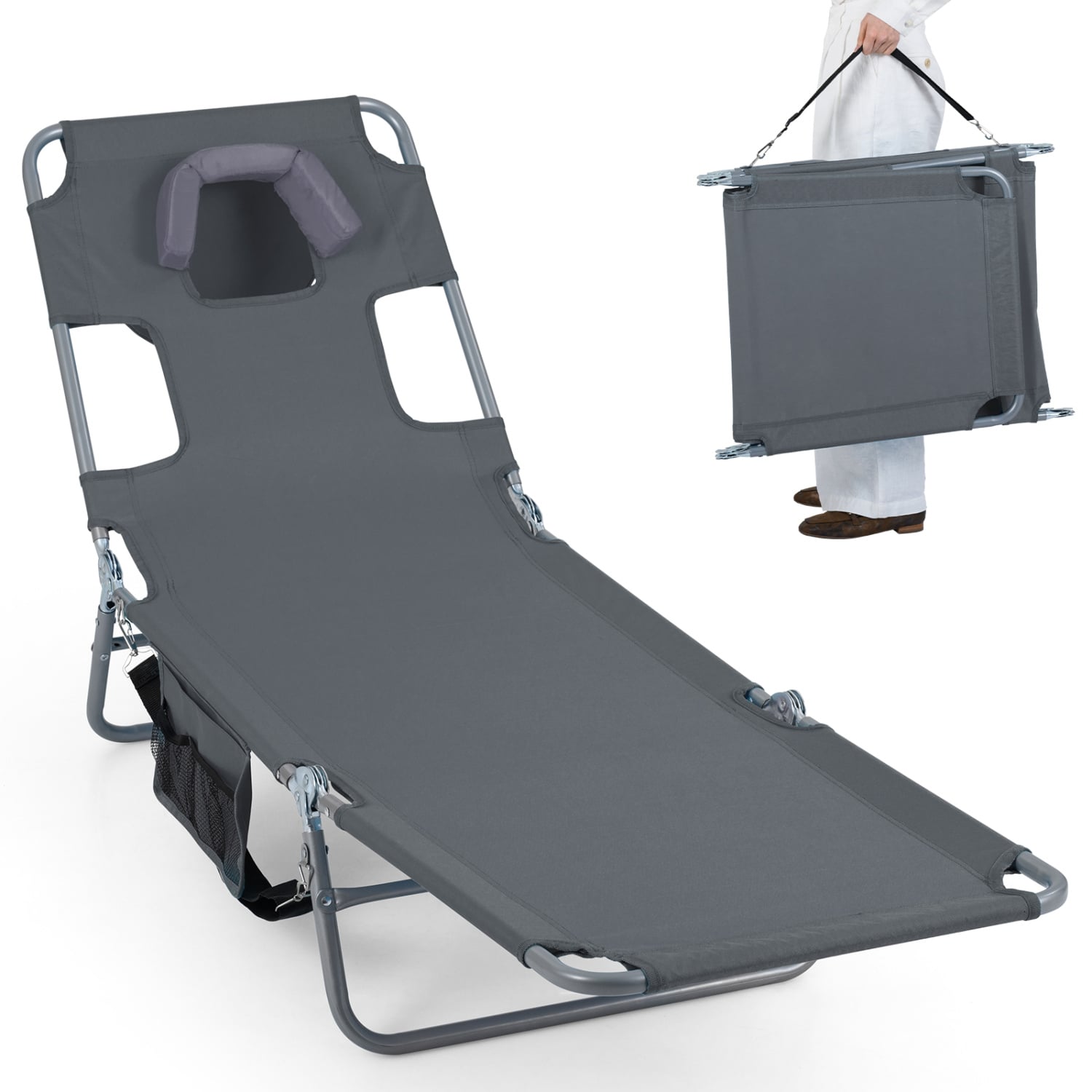 Chaise longue de plage pliable avec dossier réglable pour pelouse – Gris
