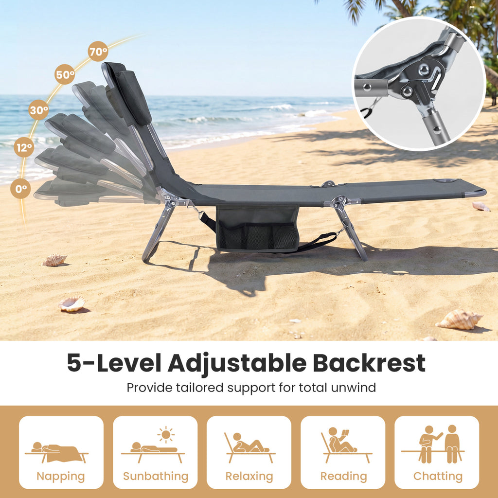 Chaise longue de plage pliable avec dossier réglable pour pelouse – Gris
