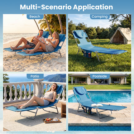 Folding Beach Lounge Chair with Adjustable Backrest for Lawn-Blue