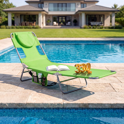 Folding Beach Lounge Chair with Adjustable Backrest for Lawn-Green