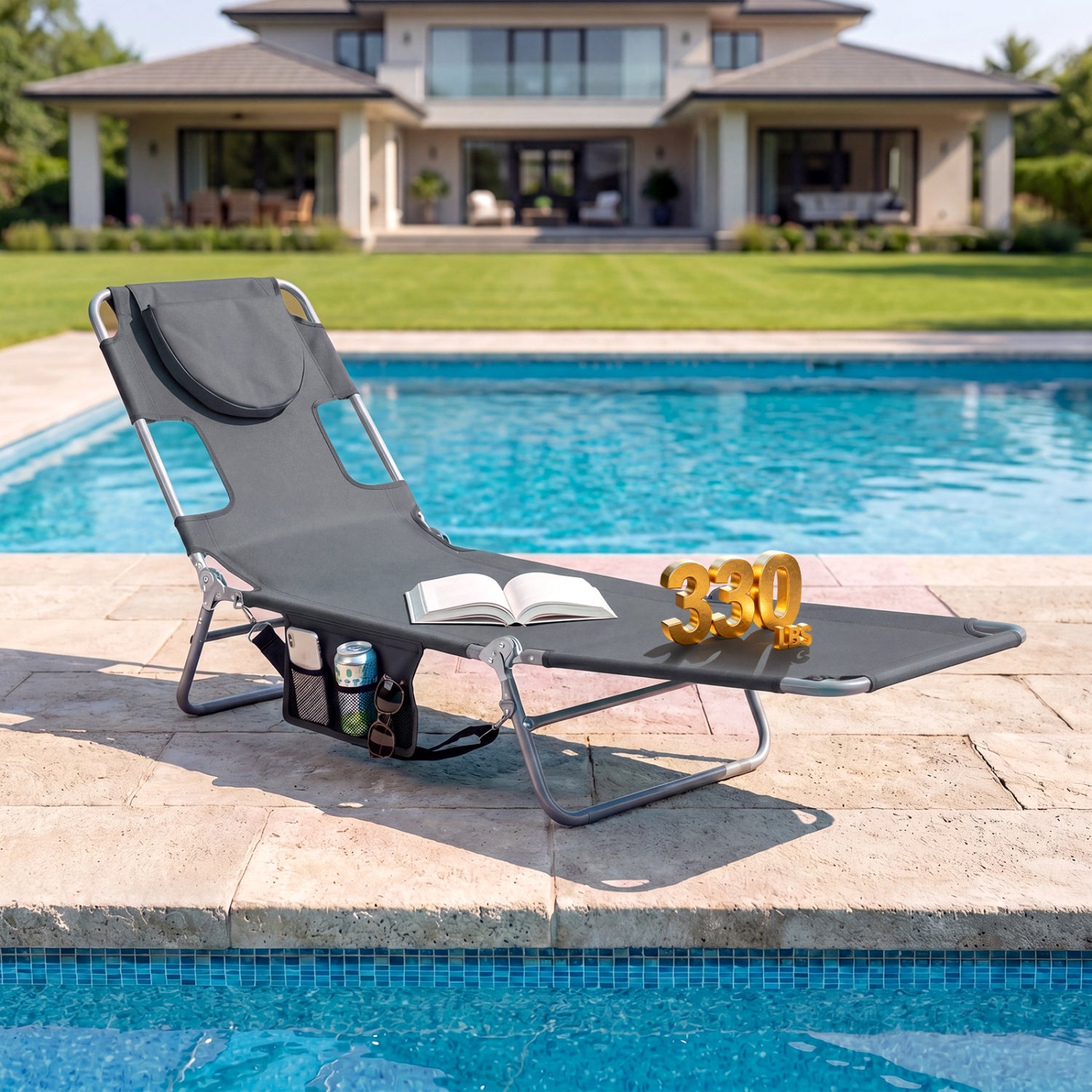 Chaise longue de plage pliable avec dossier réglable pour pelouse – Gris