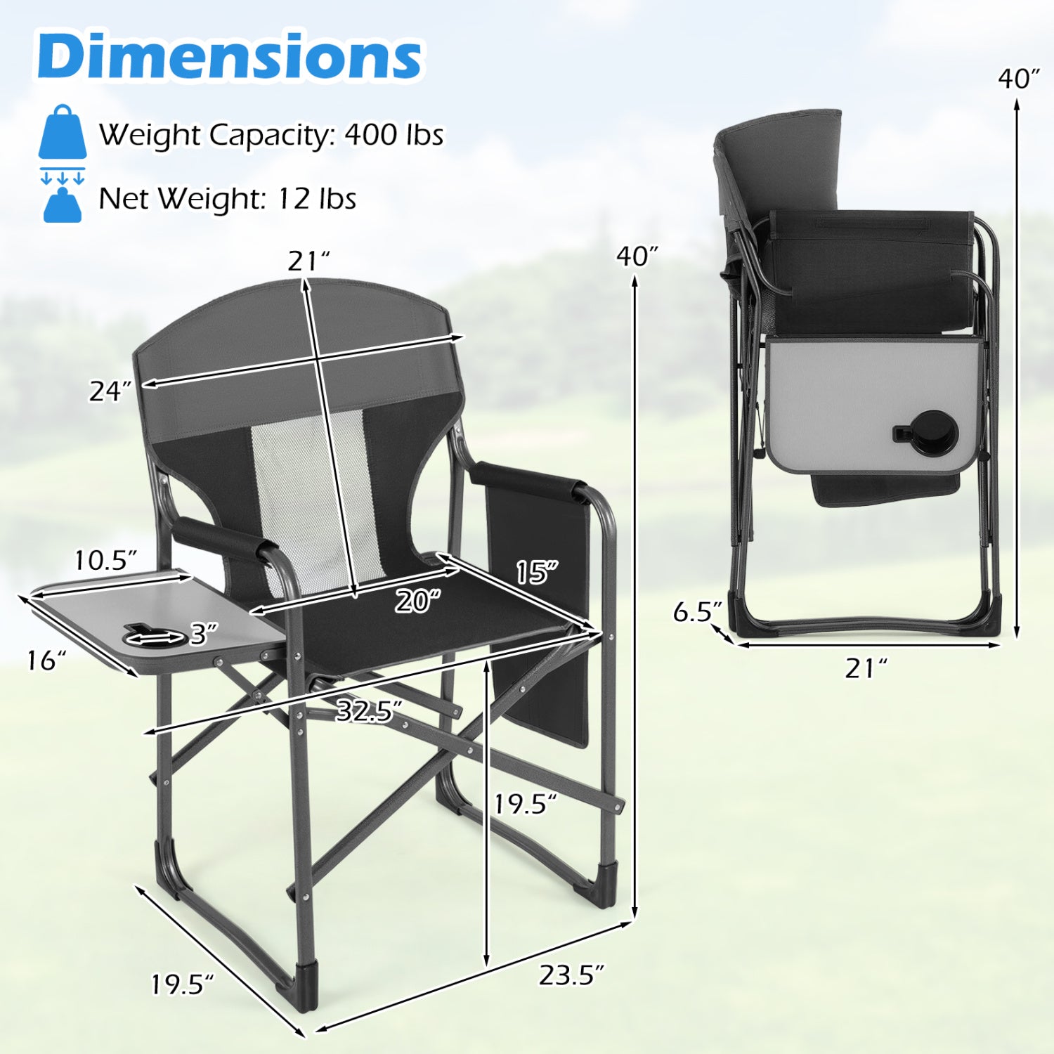 Folding Camping Chair with Cup Holder and Storage Pocket-Black