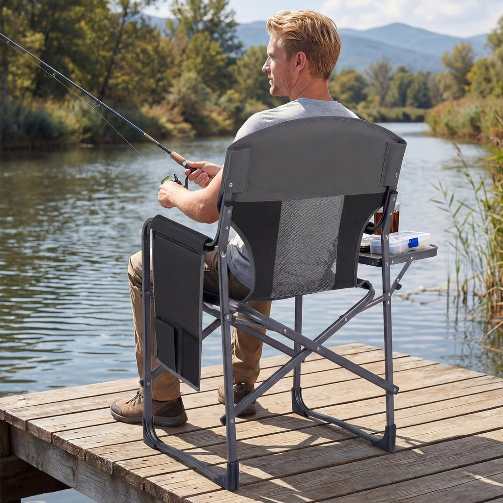 Folding Camping Chair with Cup Holder and Storage Pocket-Black