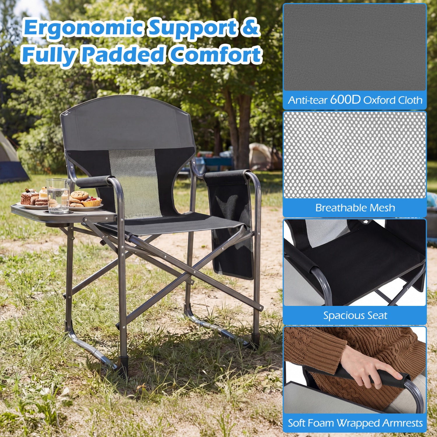 Folding Camping Chair with Cup Holder and Storage Pocket-Black